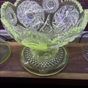Antique EAPG Pressed Glass Footed Compote Bowl Hobstar, Pinwheel, Sawtooth Edge
